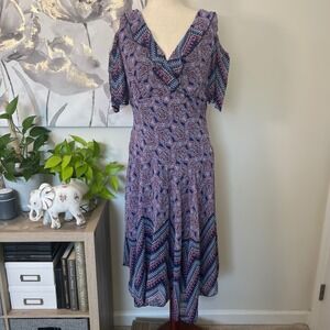 Boho Paisley Cold Shoulder Midi Dress Flowy Ruffle Navy Size 14